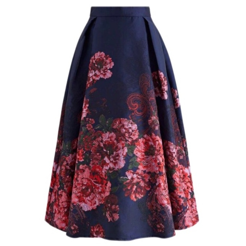 Chicwish Navy Bewitching Peony Jacquard Floral Flare A-line Midi Skir XL